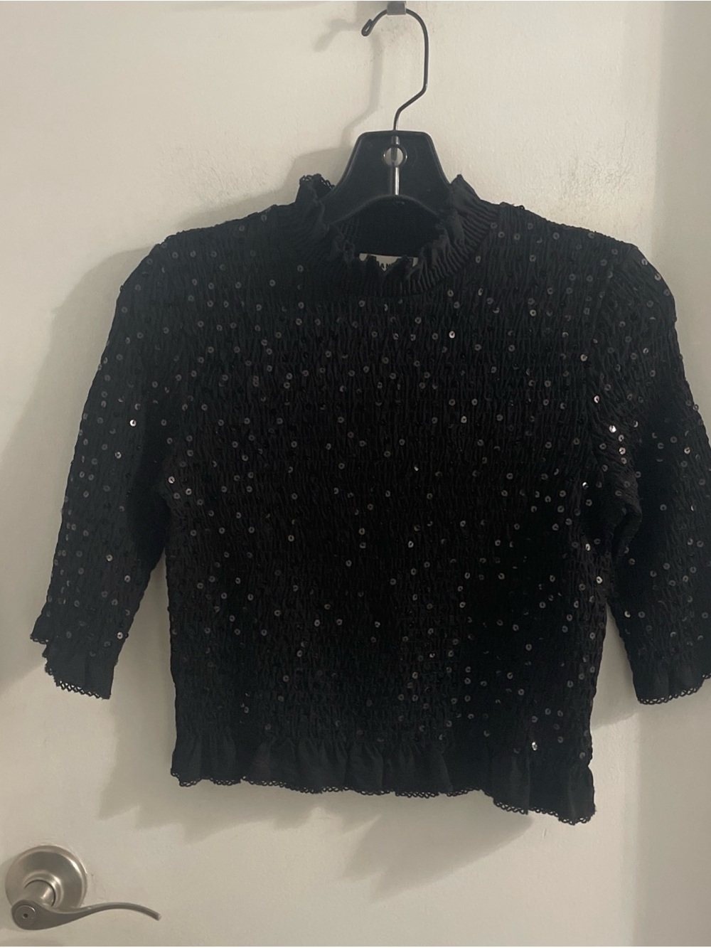 Sandro Paris Women's small Black Sequin 3/4 Sleeve Mock Neck stretchy shirt